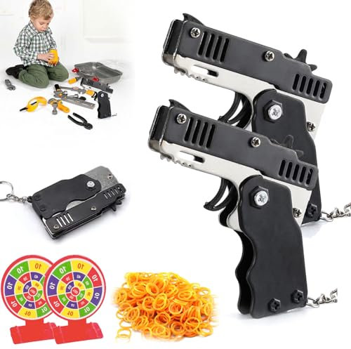 Mini Gummibandpistole Aus Metall,Spielzeug Pistole Kinder,Gummibandpistole Spielzeug,Faltbare Handgefertigte Spielzeugpistole,Klappbare Gummiband Pistolen Spielzeuge+gummibandm (2, Schwarz)