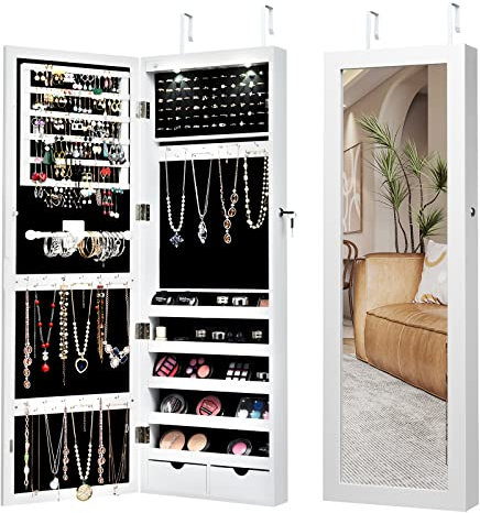 COSTWAY LED Lights Jewelry Cabinet, Door Hanging/Wall Mounted Jewelry Armoire with Full Length Mirror, Lockable Makeup Cosmetics Jewellery Organiser Storage Unit Gift for Bedroom Dressing Room (White)