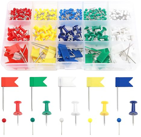 YIXISI 350 Pièces 15 Types Carte Punaises, Push Pins tête en Plastique, Punaises Décoratif, Multicolore Punaises, Epingles Drapeaux, pour Carte, Marquage, Tableau D'affichage en Liège