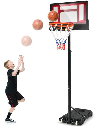 LIFEZEAL Basketballständer auf Rädern, Basketballkorb Outdoor, Basketballanlage mit Verstellbarer Höhe 195-250 cm, Basketball Standfuß für Große Kinder, Jugendliche (Rot)