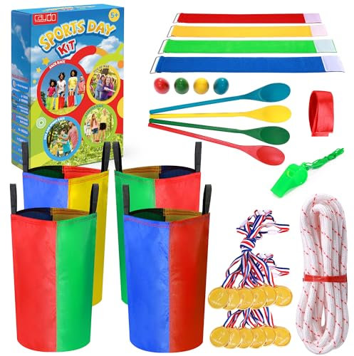 Caydo Sports Day Kit Outdoor Games - Potato Sack Race Bags, Egg Spoon Relay, 3 Legged Race Bands, Tug of War Rope, Medals - Fun Garden Games for Kids and Adults