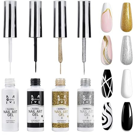 Gel Liner - Juego de esmaltes de uñas de gel para decoración de uñas, 4 colores, negro, blanco, dorado, plateado, con pincel fino para manicura francesa, manicura DIY (8 ml)