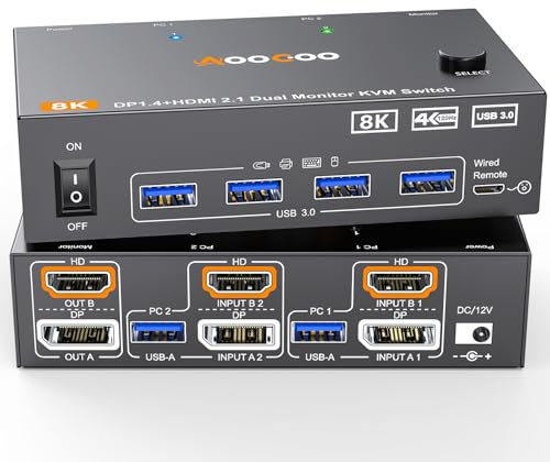 Dual Monitor KVM Switch HDMI DP 2 puertos 8K@60Hz/4K@144Hz,KVM Switch 2 monitores para 2 ordenadores comparten 2 monitores y 4 concentradores USB 3.0, controlador de escritorio y cable USB incluido