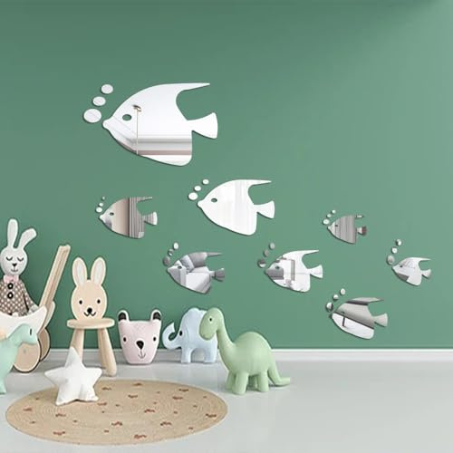 3D Peces Tropicales Efecto de Espejo Pegatinas de Pared,Adhesivo de Espejo de Extraíble, Diseño pez y Burbujas, Adhesivos Pared para Dormitorio, Salón, Cuarto Baño (8 Piezas)