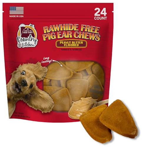 Country Kitchen Rawhide Free Pig Ear Chews Dog Treats, Peanut Butter Flavor, Made in The USA, 24 Count