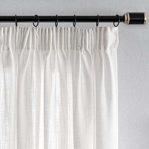 MYSKY HOME Cortinas de lino con sistema de rieles, cortinas con cinta fruncida, cortinas confeccionadas con aspecto de lino, cortina semitransparente, 280 x 140 cm, color beige claro y blanco marfil