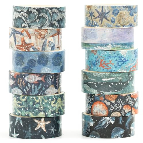 Songdao 12 rullar Washi-tejp med basmönster för hantverk, barn, scrapbooking, gör-det-själv, presentförpackning (havsdrömmar)