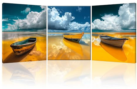 PIY PAINTING Dipinti Su Tela Naturali, Stampa Su Tela Del Mare, Stranded Boat Immagini Per Soggiorno Ufficio Ingresso Caffè, Cornice Interna, 40x30 Cm 3 Pezzi (90x40 cm)