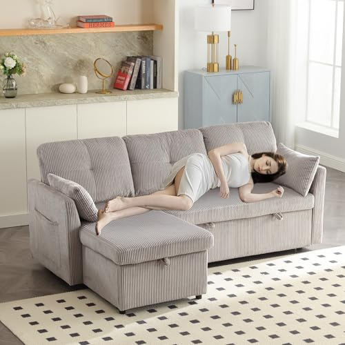KAZZIO Divano letto multifunzionale con vano portaoggetti e letto estraibile, divano letto sostituibile con chaise longue, divano a L modulare (grigio chiaro)