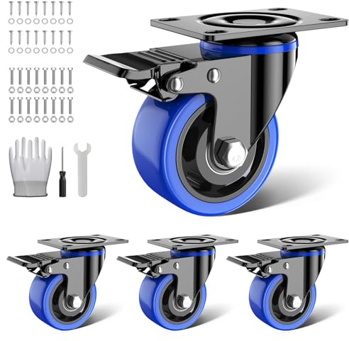 3 Inch Caster Wheels Heavy Duty 1600lbs, Swivel Casters Set of 4 with Safe Dual Locking,Industrial Plate Casters, Locking Casters Wheels for Furniture,Workbench(Free Hardware Kit)