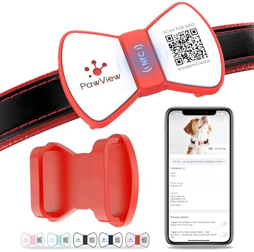 PawView QR-kod hundtaggar UK med NFC – personlig husdjurs-ID-etikett för förlorad husdjursåterhämtning – ingen GPS krävs – gratis app utan prenumerationsavgifter – röd fluga-tagg, vattentät silikon