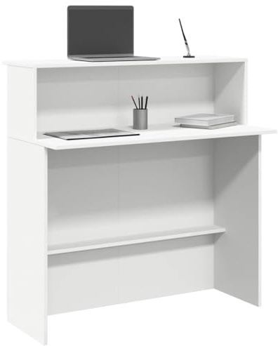 QJBSAVVA Banco Reception Professionale in Legno Multistrato Bianco con Bancone Integrato e Ripiano, 100x50x103.5 cm per Uffici, Hotel, Cliniche e Saloni