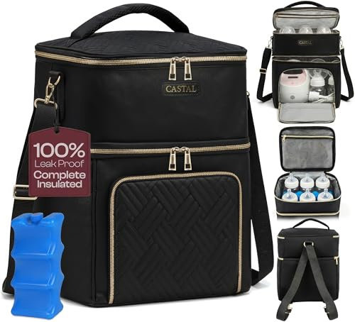 Castal Breast Pump Bag Diaper Tote Bag with Ice Pack, Fit Most Breast Pumps Like Medela, Spectra S1,S2, Evenflo–Double Layer Bag Holds 6 Milk Bottles with Elastic Strap–Black