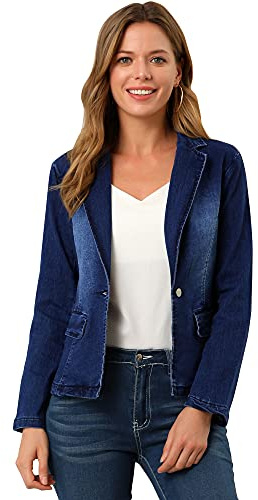 Allegra K Femme Blazer en Jean Délavé Revers Cranté Manches Longues | un Bouton Coupe Ajustée Taille Cintrée Poches à Rabat Polyvalent pour Bureau Décontracté Bleu L