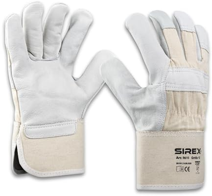Sirex R610 Rindvollleder Arbeitshandschuhe gefüttert, 12 Paar - Robuster Lederhandschuh mit Doppelnaht & Knöchelschutz, gummierte Stulpe, Baumwollrücken, Bauhandschuhe Grau/Beige, EN 388