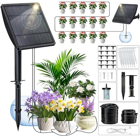Sistema de Riego Solar para Jardín, Riego Automatico Macetas kit Riego por Goteo Solar con 15 Micro Cabezales de Goteo, Riego Solar para Vacaciones Terrazas de Balcones Invernaderos Macetas Plantas
