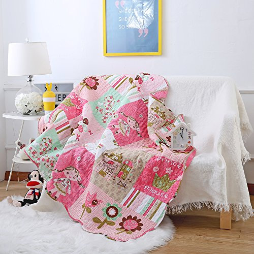 USTIDE Girls Cotton Quilt Bedspread110x130cm Reversible Quilt Blanket for Crib Colorful Nursery Blanket, Girls with Pigtail