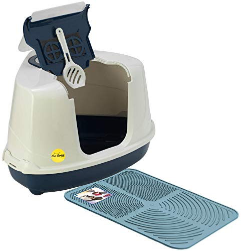 CAT CENTRE Dark Blue Large Hooded Corner Cat Litter Tray + Blue Toilet Box Mat in 3 Colours