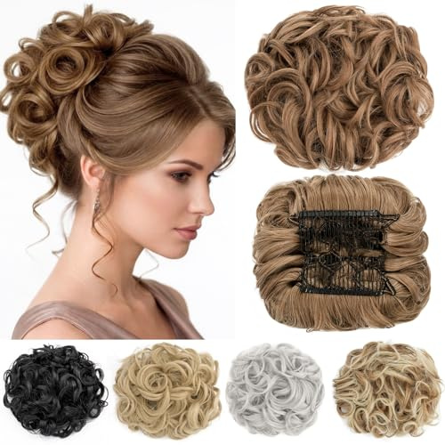 Short Messy Curly Dish Hair Bun Extension Easy Stretch hair Combs Clip in Ponytail Extension Scrunchie Chignon Tray Ponytail Hairpieces Light Brown Blonde Highlight