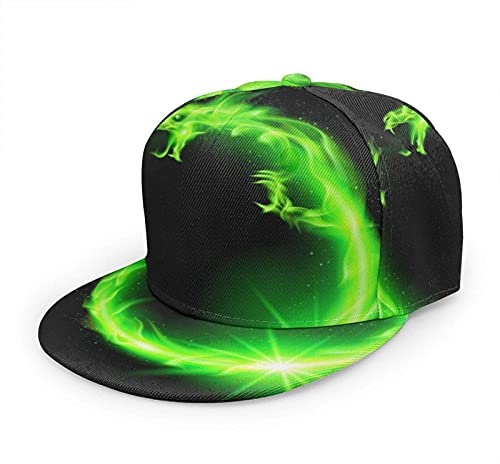 Oaieltj Unisex Baseball Cap Damen Herren Einstellbare Snapback Flat Bill Brim Baseball Cap Cool Hip Hop Hat, Green Fire Flame Dragon Black, One size