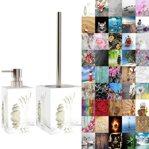 Sanilo Badezimmer Set, Seifenspender und WC Bürste mit Motiv, große Auswahl, Klobürste ohne Bohren, schöne Designs (Balance)