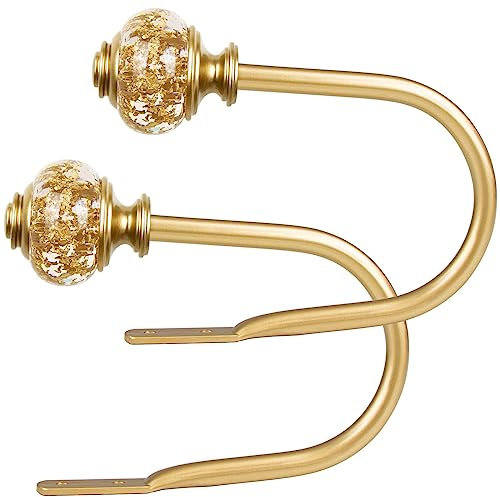 2 Pack Gold Curtain Holdbacks, USFOOK Decorative Drapery Tiebacks (2 Pack/1 Pair), Curtain Tie Back Hooks for Wall with Translucent Finials (6.1 L x 4.1 W)