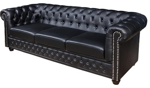 riess-ambiente.de Chesterfield 3-Sitzer Sofa 205cm schwarz Kunstleder Nietenbesatz Federkern