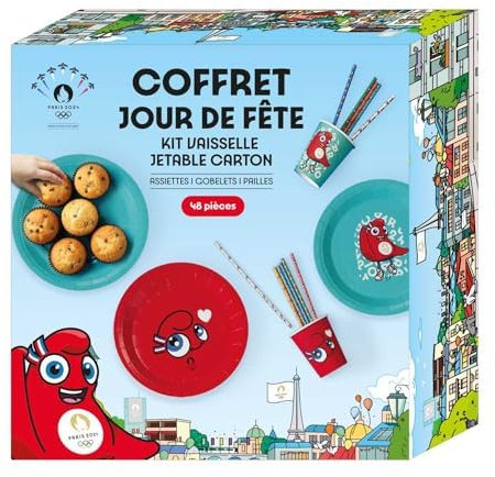 PARIS 2024 CMP, CJO1700, Box vaisselle Jetable Jour de Fete Mascotte, Produit Officiel sous Licence, 48 Pièces, 12 Gobelets, 24 pailles, 12 Assiettes, Kit vaisselle Jetable