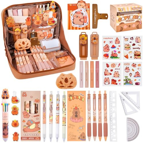 Capybara Pencil Case, Cute Capybara Stationery Set Include Capybara Pencil Case/Capybara Pens/Stickers/Keyring/Sticky Notes/Rulers, Large Capacity Multi-Layer Case for Kids Students Gifts