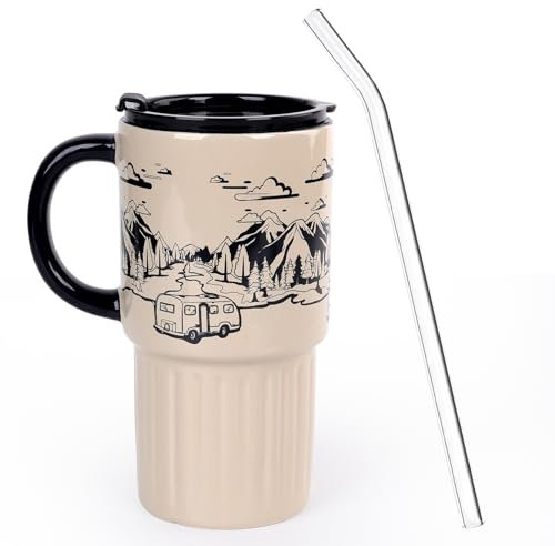 Autumnlife Becher mit Deckel und Strohhalm, 650 ml Trinkbecher Reisebecher Trinkflasche Kaffeetassen Schnabeltasse Kaffeebecher aus Keramik, Tragbare Autobecher Hellbeige für Kalte Heiße Getränke