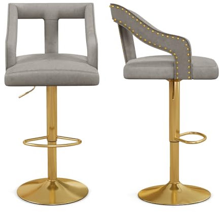 GIANTEX Set med 2 barstolar höjdjusterbar 63–85 cm, barstol 360° roterbar med fotstöd, diskpall, bistropall, snurrpall med ryggstöd, sammetspall, kökspall, sittpall, kan belastas upp till 150 kg