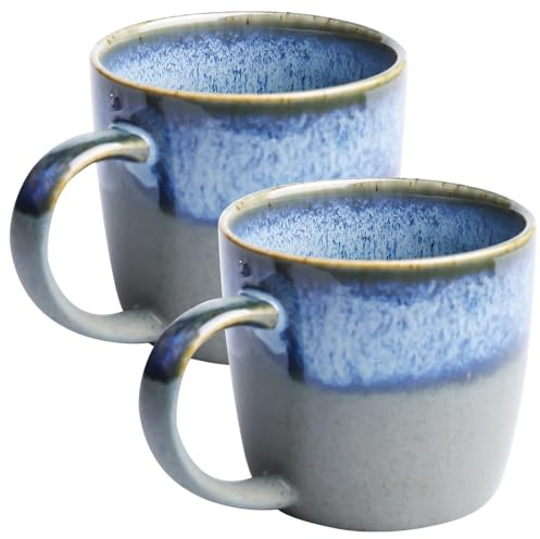 2 stycken 330 ml keramiska kaffekoppar, hav temugg cappuccino koppar för kontor och hem med handtag, stor mjölkkaffekopp keramik muggar för kakao, cappuccino, latte, müsli (blå)