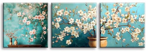 Piy Painting Flores Blancas Impresiones Sobre Lienzo, Cuadros De Arte Florero, Arte Mural En Lienzo Verde Para Dormitorio Salón Baño Entrada Cafetería, Marco Interior, 3 Piezas 30x30cm (90x30cm)