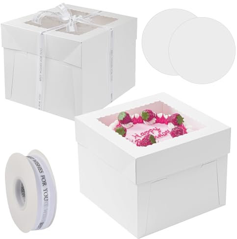 Anseom Cajas para Tartas con Bandeja para Tartas 2 Pcs, 25,4x25,4x20,3 cm Caja de Pastel para Tartas con Ventanas, Cajas para Pasteles de Carton Blanca con Cinta para Cumpleaños, Fiestas, Bodas