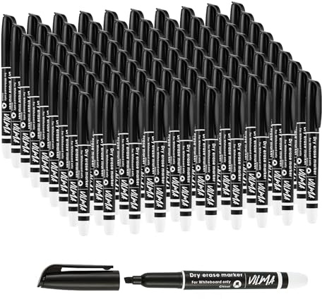 VILMA Whiteboard Pens Black Bulk Pack of 90, Chisel Tip, Dry Wipe Markers Low Odour, Quick Dry, Smudge Resistant for Office and Commercial Use