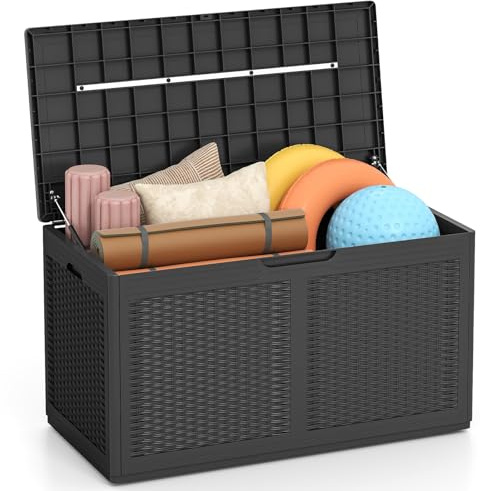 GIANTEX Scatola da giardino da 380 l, impermeabile, con coperchio e 2 ruote, per balcone, terrazza e cortile, 111 x 56 x 61 cm (grigio)