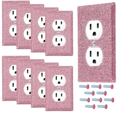DELORIGIN 8Pcs Pink Socket Cover Glitter Rhinestones Wall Outlet Cover Plate Decorative Cute Outlet and Light Switch Covers for Pink Room Preppy Gift Women Princess Bedroom Decor