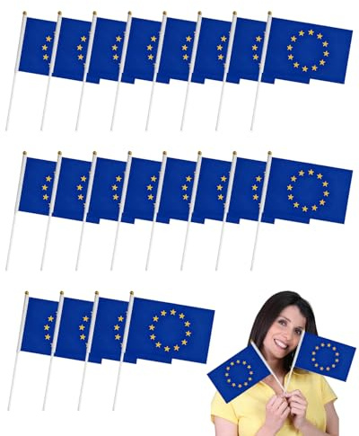 HUVZOR 20 piezas Bandera Unión Europea Stick,Unión Europea Mini Bandera portátil,Bandera UE,Pequeña bandera UE,mini bandera UE,para celebraciones nacionales y del Día de los Caídos,14X21cm