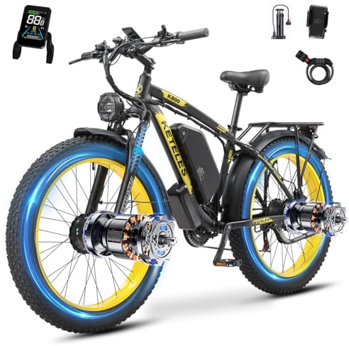 Dual Motor Electric Mountain Bike for Adults, 52V 32AH Up to 160KM Long Range E Bike, Dual Hydraulic Brakes, 26 Fat Tire 21-Speed Electric Bicycle for Off-Road, Commute, Cargo (Black and Yellow)