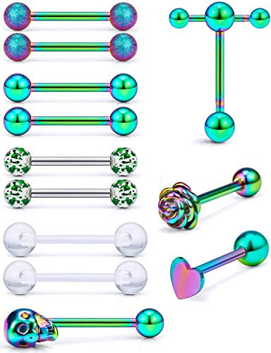 Prjndjw Jewelry, Rainbow, 12PCS, 5/8in(16mm) L. 14G Tongue Ring Surgical Stainless Steel Tongue Piercing Barbell Body Jewelry for Women