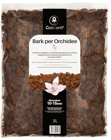GebEarth® | Bark per Orchidee Professionale 【3 litri】| Pezzatura 10 – 15 mm | Substrato a base di Corteccia 100% Naturale | Bark Lavato e Sterilizzato a Vapore | Pronto uso