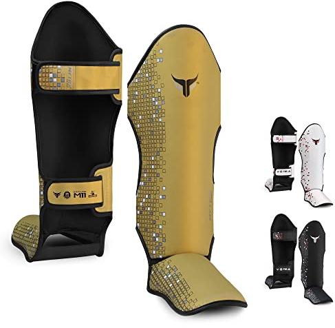 Mytra Fusion Protege Tibia Boxe Protege Tibia MMA, Muay Thai protège Tibia – Shin Instep Protection pour Le Kickboxing, l'entraînement, Le BJJ, l'équipement de Boxe et Les Arts Martiaux (M, Gold)