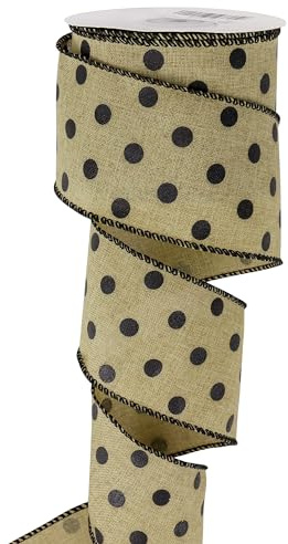 HUIHUANG Polka Dot Wired Ribbon 2-1/2 inch Natural Linen with Black Dots Wire Edge Ribbon for Wreath, Bows Making, DIY Crafts, Gift Basket, Home and Outdoor Decor -Continuous 10 Yards