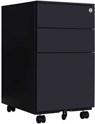 LWB020 Armoire de classement pré-montée - Caisson à roulettes avec mécanisme anti-basculement - Conteneur de bureau avec 3 tiroirs pour A4 - 50 cm L x 39 cm l x 60 cm H - Noir