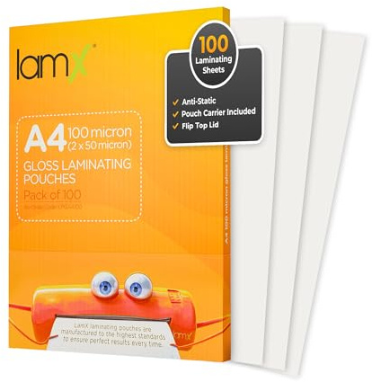 LamX lamineringsfolier, A4, 100 mikron, högglansig finish, antistatisk formel, lamineringsfolier, A4, 100 mikron (50 + 50 mikron), 100 stycken, lamineringsblad, gratis påsbärare ingår