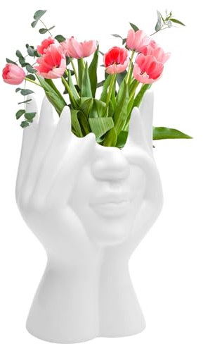 TNSLAND Vaso di Fiori in Ceramica - 19x9cm Design da Interno, Bianco, Decorativo Moderno per Tulipani, Tavolo Soggiorno e Scrivania