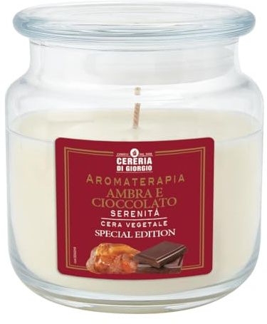 Cereria Di Giorgio - Candela Profumata in Giara - Cera Vegetale di Palma e Soia - Collezione Aromaterapia - Ambra e Cioccolato - Serenità - Durata 80 ore