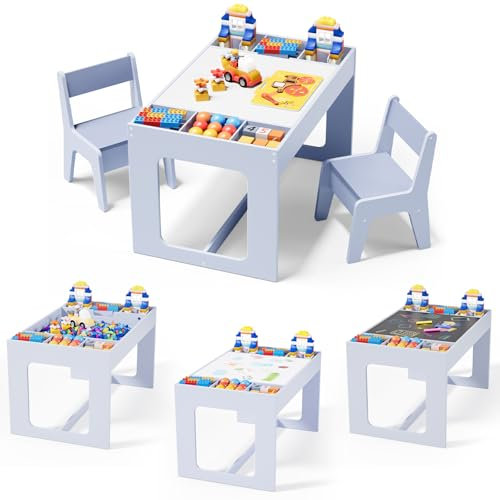 Clevich Kindersitzgruppe mit Stauraum, Kindertisch mit 2 Stühlen, Kinder Tisch Stuhl Set mit wendbarer Tischplatte, Packung mit 2 Stühlen, Kinderschreibtisch für Kindertagesstätte, ab 3 Jahren, Blau