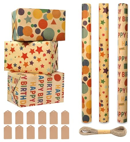 Recyclable Birthday Wrapping Paper Roll, 43x300cm Kraft Rolls and Tags, 3 Rolls Happy Gift Wrap for Girls Boys Kids (Kraft Paper A)