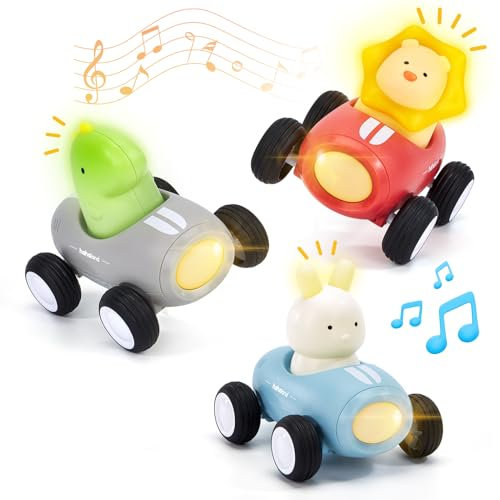 Hahaland Baby 3 Stück Spielzeugautos Set,Push & Go Auto Spielzeug mit Musik und Licht für 1 2 3 jährige Jungen Mädchen Kleinkinder,Dinosaurier,Löwen,Kaninchen,Geschenk für Kinder ab 12 18 Monate